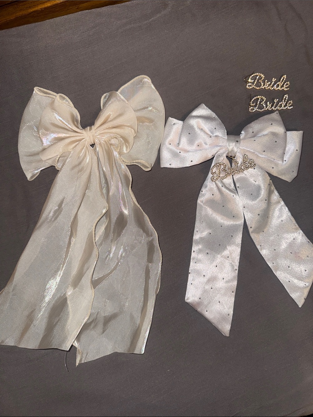 Bridal Bows + Matching Rhinestone 'Bride' Dangle Earrings in Gold